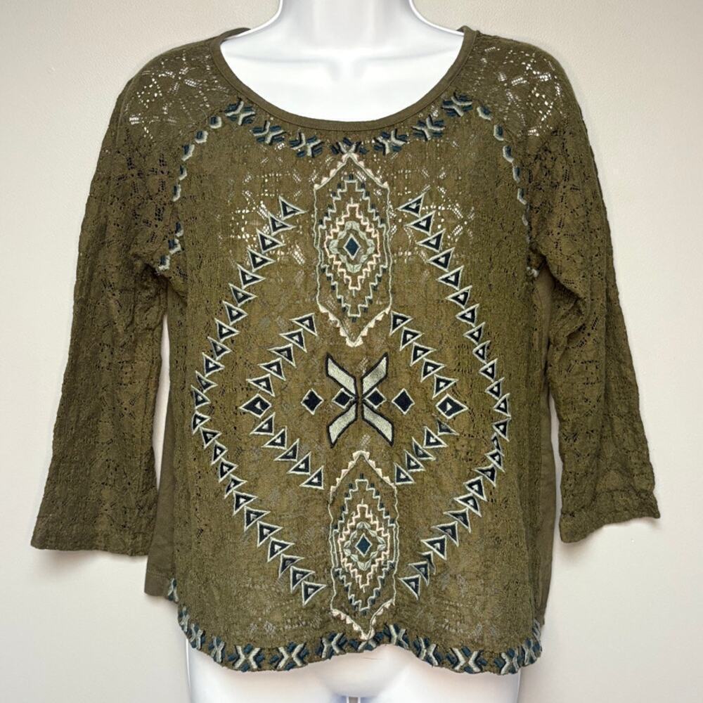Free People Olive Green Crochet Sheer Boho Hippie Embroidered Top Sz S